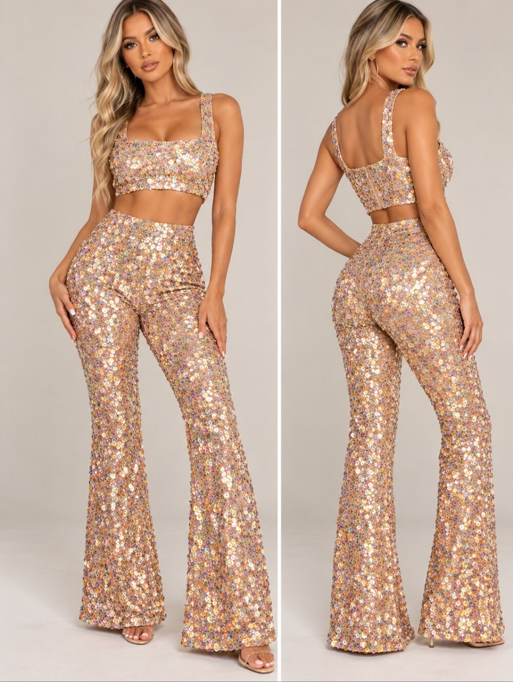Forever 21 Sequin 2 Piece Set Crop Top High Waist Flare Pants Iridescent Size S